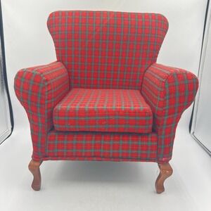Boyd's Bears Plaid Upholstered Arm Chair Doll Bear Furniture Wood Legs Vintage